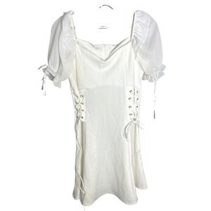 Puff Sleeve SMALL Corset Lace Up Mini Dress White Square‎ Neck Sheer Organza